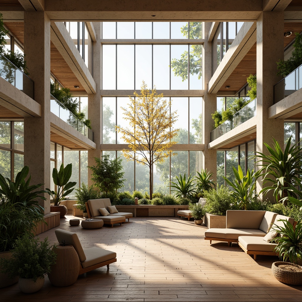 Prompt: Brightly lit interior, large windows, glass ceilings, natural stone walls, wooden floors, minimal decor, greenery, potted plants, soft warm lighting, indirect sunlight, morning ambiance, cozy atmosphere, comfortable seating, reading nooks, relaxation areas, calming colors, earthy tones, organic textures, 1/1 composition, shallow depth of field, realistic rendering.