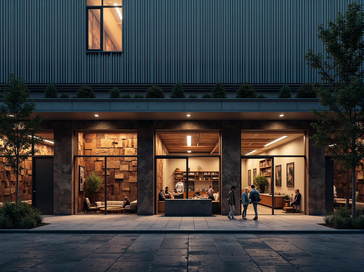 Prompt: Industrial warehouse facade, exposed brick walls, metal cladding, corrugated roofing, large steel doors, minimalist windows, urban cityscape, gritty concrete textures, moody atmospheric lighting, dramatic shadows, experimental architecture, avant-garde design, bold color accents, abstract geometric patterns, reclaimed wood accents, edgy modern aesthetic, dynamic composition, high contrast ratio, cinematic mood, 1/2 composition, low-angle shot.