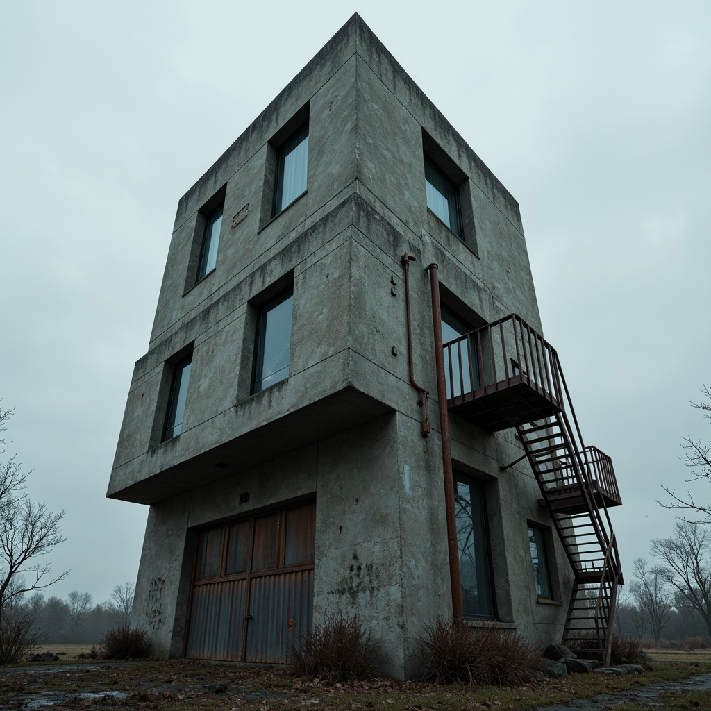 Prompt: Rugged watching tower, brutalist architecture, raw concrete textures, fortress-like structure, narrow windows, industrial metal doors, rusty steel beams, dramatic cantilevered floors, imposing verticality, harsh geometric forms, monolithic presence, overcast sky, moody atmospheric lighting, high contrast shadows, cinematic composition, symmetrical framing, gritty realistic rendering.