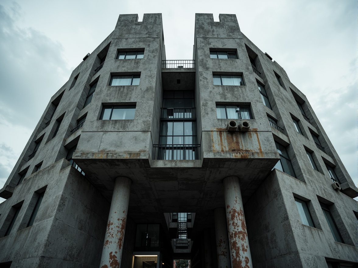 Prompt: Rugged watching tower, brutalist architecture, raw concrete textures, fortress-like structure, narrow windows, industrial metal doors, rusty steel beams, dramatic cantilevered floors, imposing verticality, harsh geometric forms, monolithic presence, overcast sky, moody atmospheric lighting, high contrast shadows, cinematic composition, symmetrical framing, gritty realistic rendering.