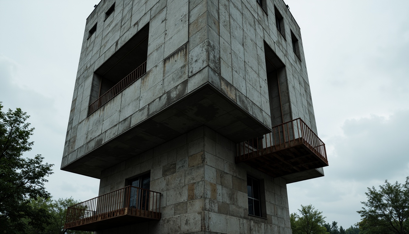 Prompt: Rugged watching tower, brutalist architecture, raw concrete textures, fortress-like structure, narrow windows, industrial metal doors, rusty steel beams, dramatic cantilevered floors, imposing verticality, harsh geometric forms, monolithic presence, overcast sky, moody atmospheric lighting, high contrast shadows, cinematic composition, symmetrical framing, gritty realistic rendering.