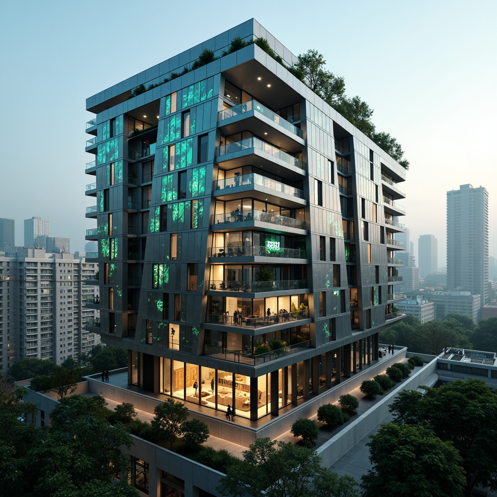 Prompt: Futuristic apartment building, sleek metallic facade, neon-lit balconies, holographic advertisements, vertical green walls, LED strip lighting, angular lines, minimalist design, reflective glass surfaces, cantilevered structures, rooftop gardens, urban skyline views, misty morning atmosphere, soft warm glow, shallow depth of field, 1/1 composition, panoramic view, realistic textures, ambient occlusion.