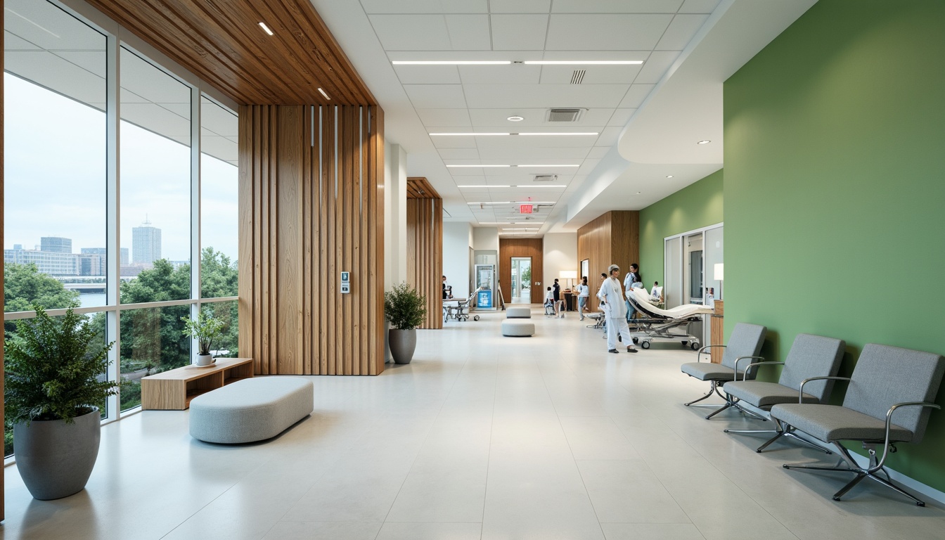 Prompt: Sleek hospital corridors, polished chrome handrails, minimalist nurse stations, curved waiting area benches, natural wood accents, calming green walls, large windows with city views, modern LED lighting, spacious patient rooms, adjustable hospital beds, ergonomic medical equipment, sterile white surfaces, rounded corner designs, acoustic ceiling panels, soft warm flooring, 1/1 composition, shallow depth of field, realistic textures, ambient occlusion.