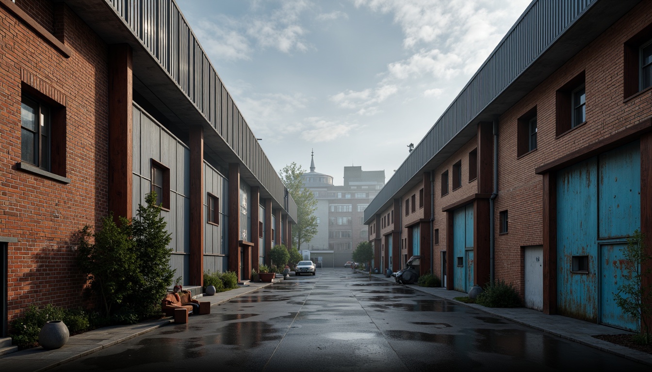 Prompt: Industrial warehouse facade, exposed brick walls, metal cladding, corrugated roofing, large steel doors, experimental architecture, avant-garde design, bold color schemes, abstract patterns, geometric shapes, urban landscape, cityscape views, dramatic lighting effects, high-contrast shadows, 1/1 composition, symmetrical framing, gritty textures, atmospheric fog, misty ambiance.