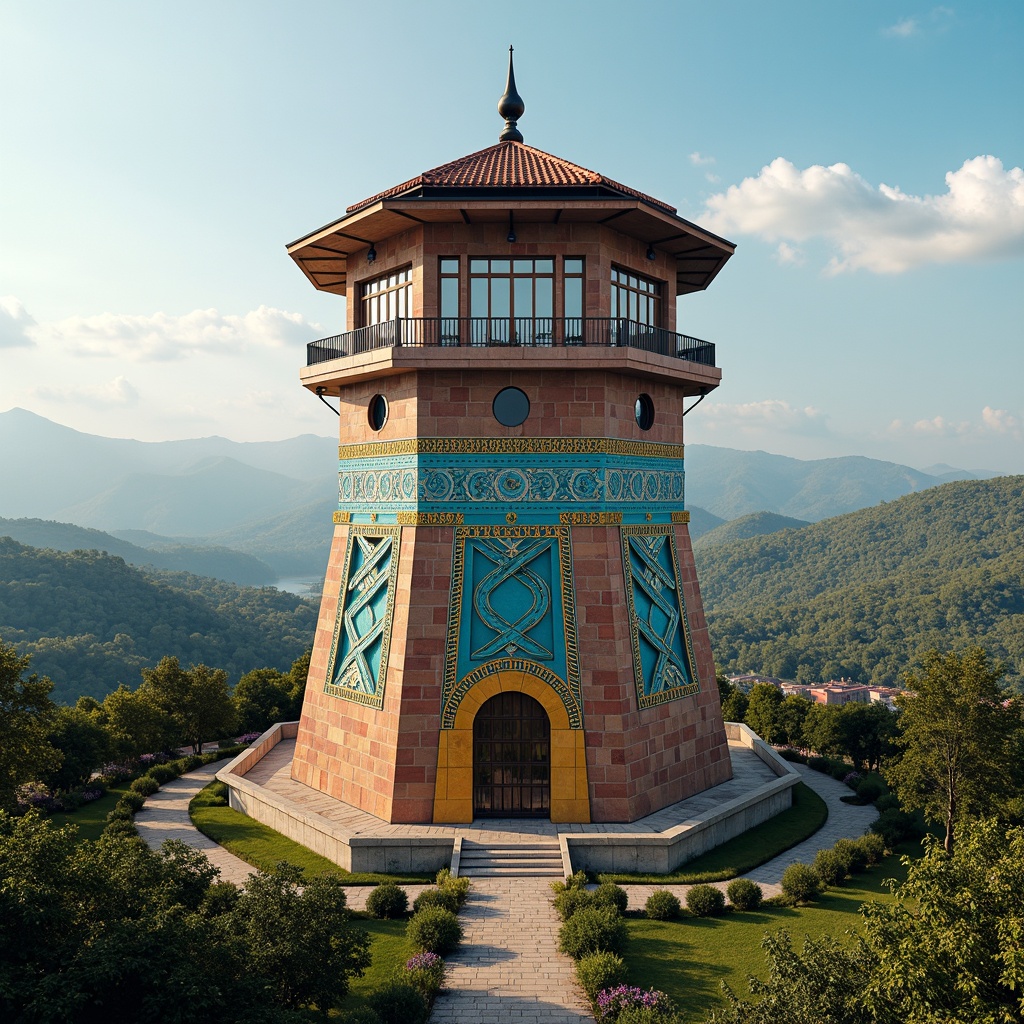 Prompt: Vibrant watching tower, bold color blocking, contrasting hues, warm golden accents, cool blue undertones, harmonious palette, geometric patterns, intricate stonework, ornate metal details, grandiose architecture, majestic landscape, rolling hills, serene atmosphere, soft natural lighting, 1/1 composition, symmetrical framing, realistic textures, ambient occlusion.