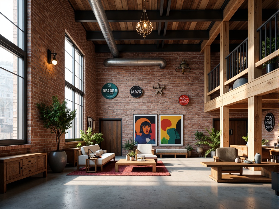 Prompt: Industrial warehouse interior, exposed brick walls, metal beams, polished concrete floors, vibrant color accents, bold typography, eclectic art pieces, reclaimed wood furniture, modern lighting fixtures, urban loft atmosphere, natural light pouring in, soft warm glow, shallow depth of field, 1/1 composition, realistic textures, ambient occlusion.