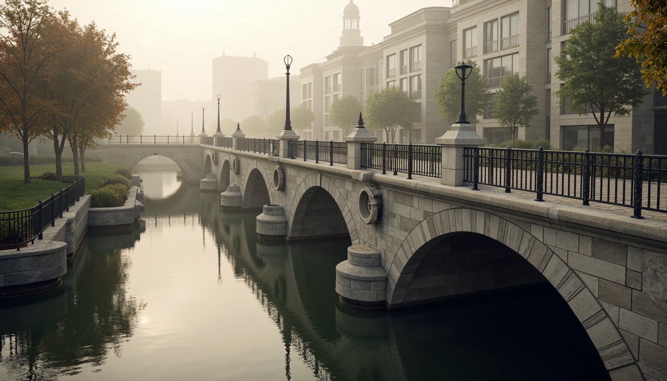 Prompt: Elegant bridge balustrades, ornate metal railings, curved stone arches, refined urban landscape, serene water reflections, misty morning atmosphere, soft warm lighting, shallow depth of field, 1/2 composition, symmetrical view, realistic textures, ambient occlusion, intricate stonework, subtle color palette, luxurious materials, sophisticated architectural details.