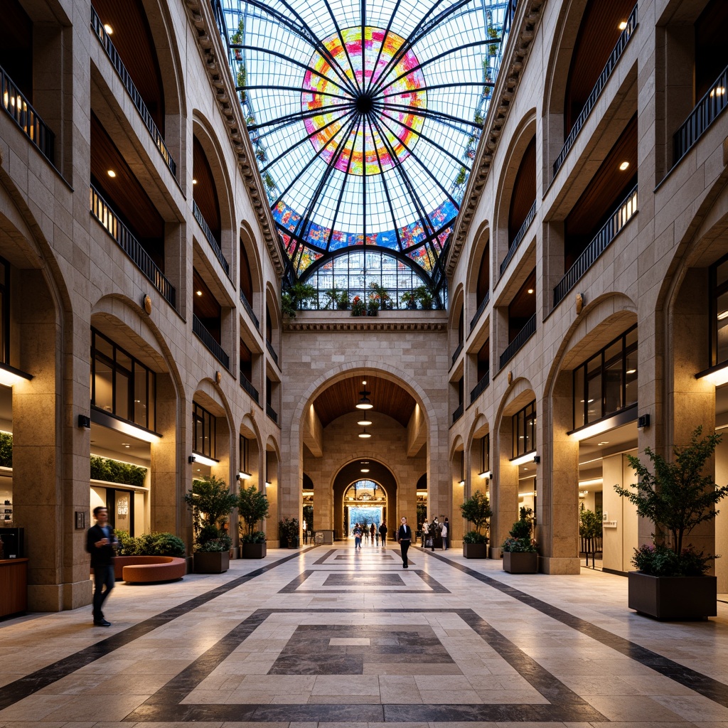 Prompt: Grand courthouse entrance, ornate columns, rusticated stone walls, polished marble floors, rich wood paneling, intricate metalwork, vibrant stained glass ceilings, dramatic atrium spaces, sweeping curved lines, eclectic mix of materials, bold color schemes, playful use of textures, contextual references to historical styles, juxtaposition of modern and traditional elements, warm natural lighting, subtle shadows, 1/1 composition, symmetrical framing, realistic renderings, ambient occlusion.