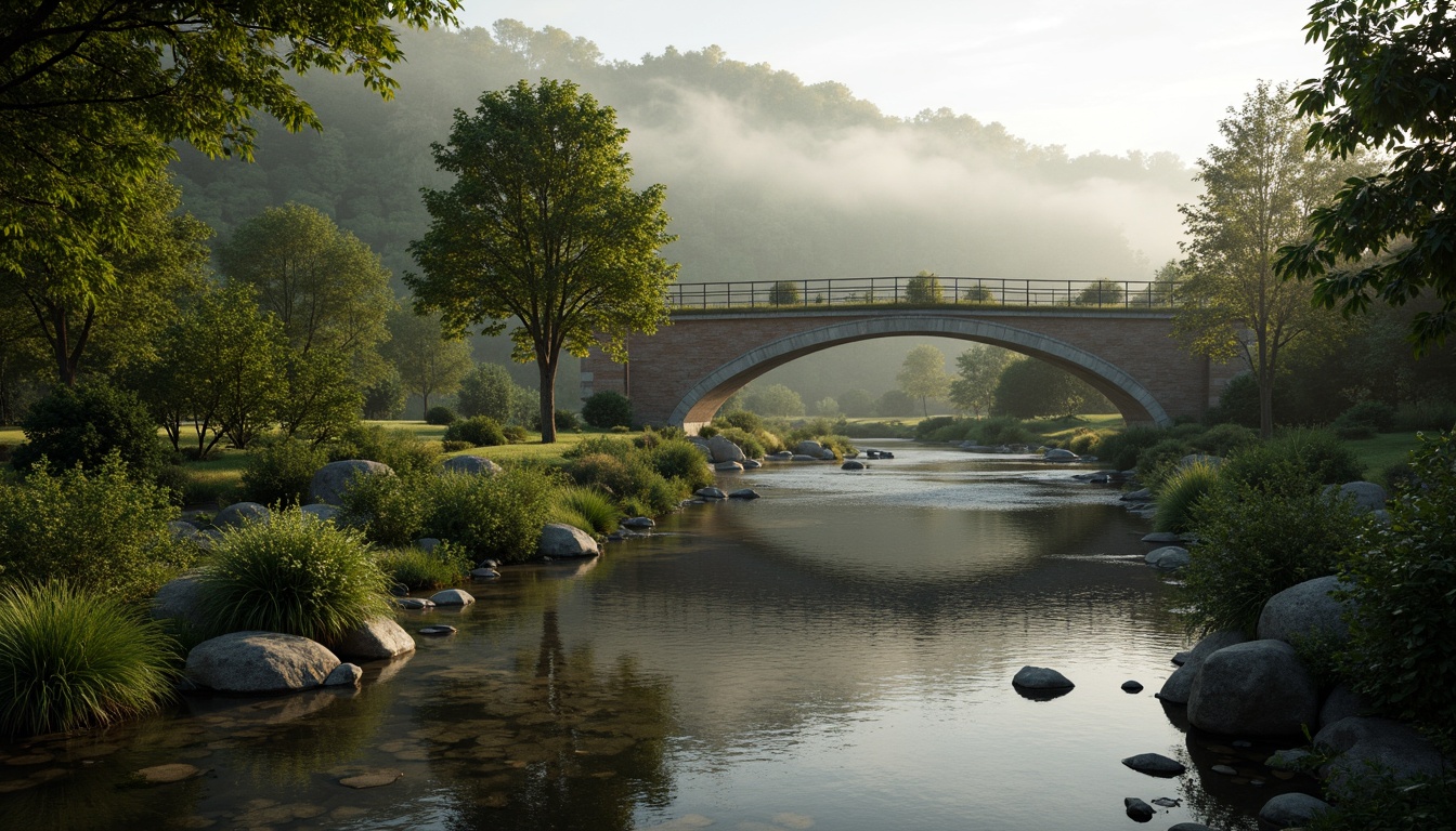 Prompt: Curved bridge silhouette, harmonious riverbank integration, lush green vegetation, natural stone foundations, wooden railings, gentle water flow, serene forest surroundings, misty morning atmosphere, soft warm lighting, shallow depth of field, 3/4 composition, panoramic view, realistic textures, ambient occlusion.