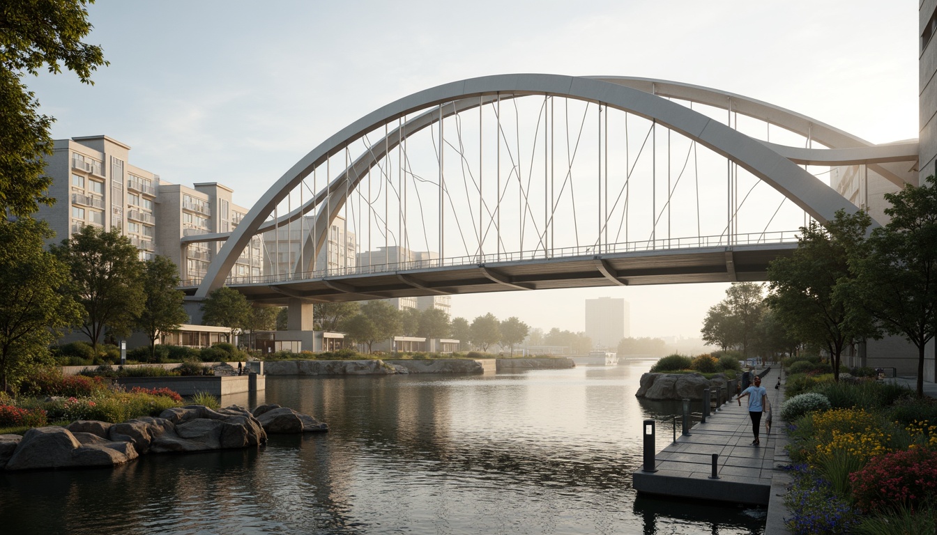 Prompt: Curved bridge silhouette, sweeping arches, dynamic steel cables, suspended pedestrian walkways, cantilevered observation decks, futuristic LED lighting, iridescent glass railings, undulating water features, lush greenery, vibrant flowers, natural stone piers, modern urban landscape, misty morning atmosphere, soft warm lighting, shallow depth of field, 3/4 composition, panoramic view, realistic textures, ambient occlusion.