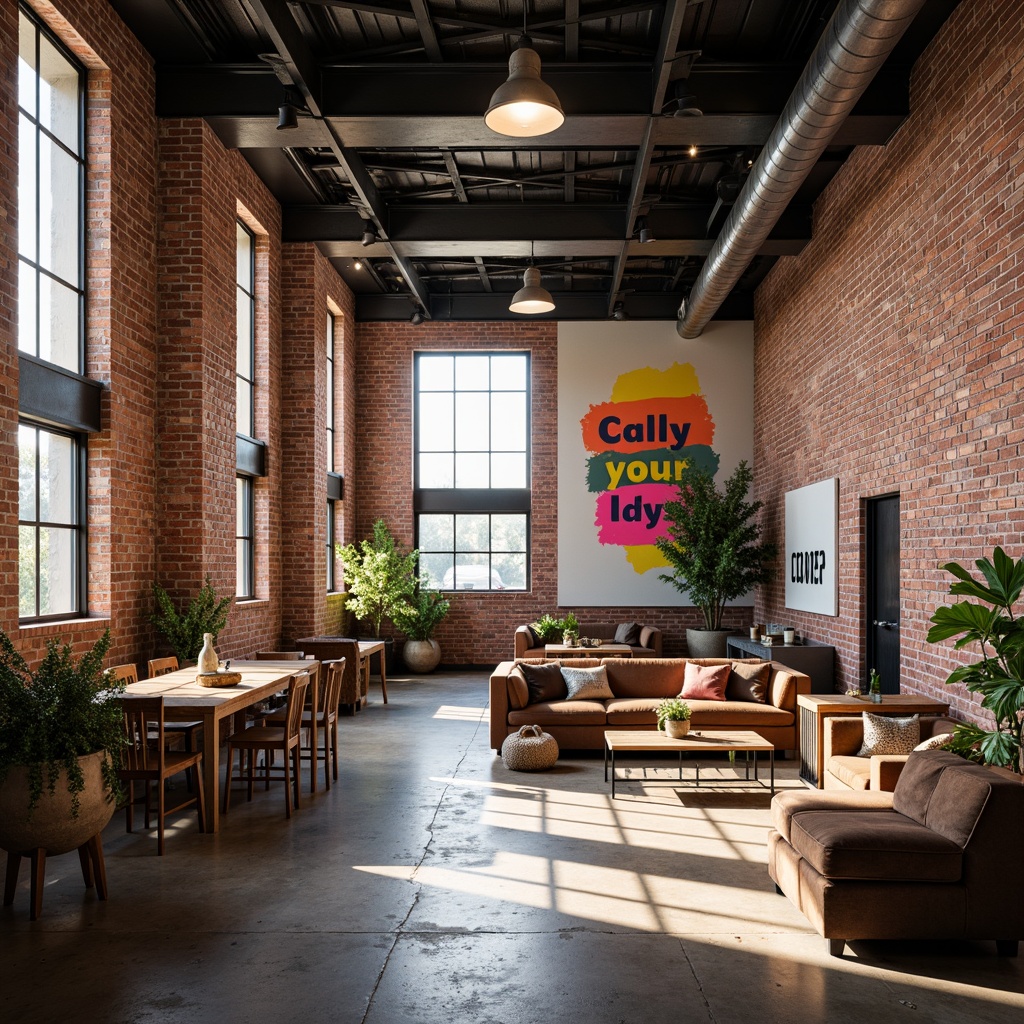 Prompt: Industrial warehouse interior, exposed brick walls, metal beams, polished concrete floors, vibrant color accents, bold typography, eclectic art pieces, reclaimed wood furniture, modern lighting fixtures, urban loft atmosphere, natural light pouring in, soft warm glow, shallow depth of field, 1/1 composition, realistic textures, ambient occlusion.