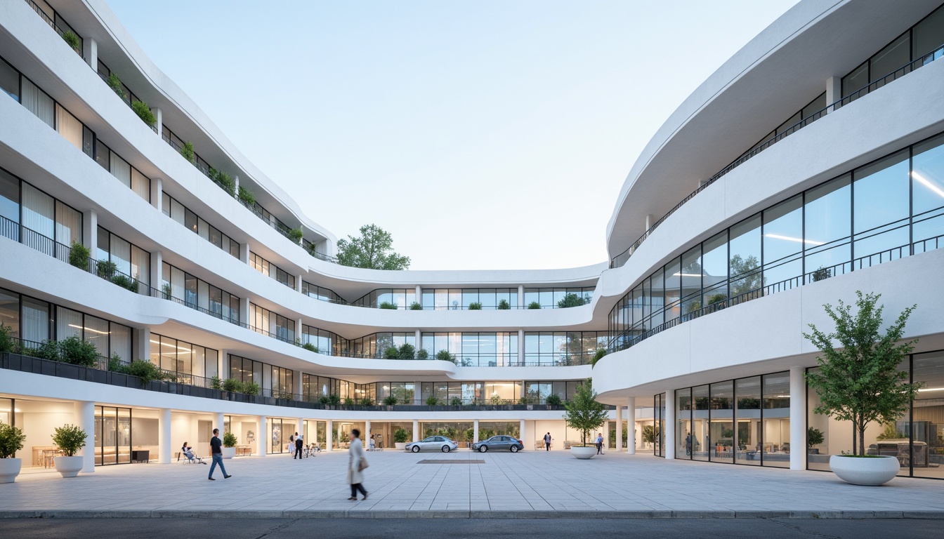 Prompt: Curved hospital facade, streamlined modern architecture, white concrete walls, horizontal lines, minimal ornamentation, large glass windows, sliding doors, cantilevered roofs, rooftop gardens, natural ventilation systems, energy-efficient design, stainless steel accents, subtle LED lighting, calm atmosphere, soft pastel colors, minimalist interior decor, functional layout, efficient patient flow, modern medical equipment, sterile environments, futuristic ambiance, shallow depth of field, 1/1 composition, realistic textures, ambient occlusion.