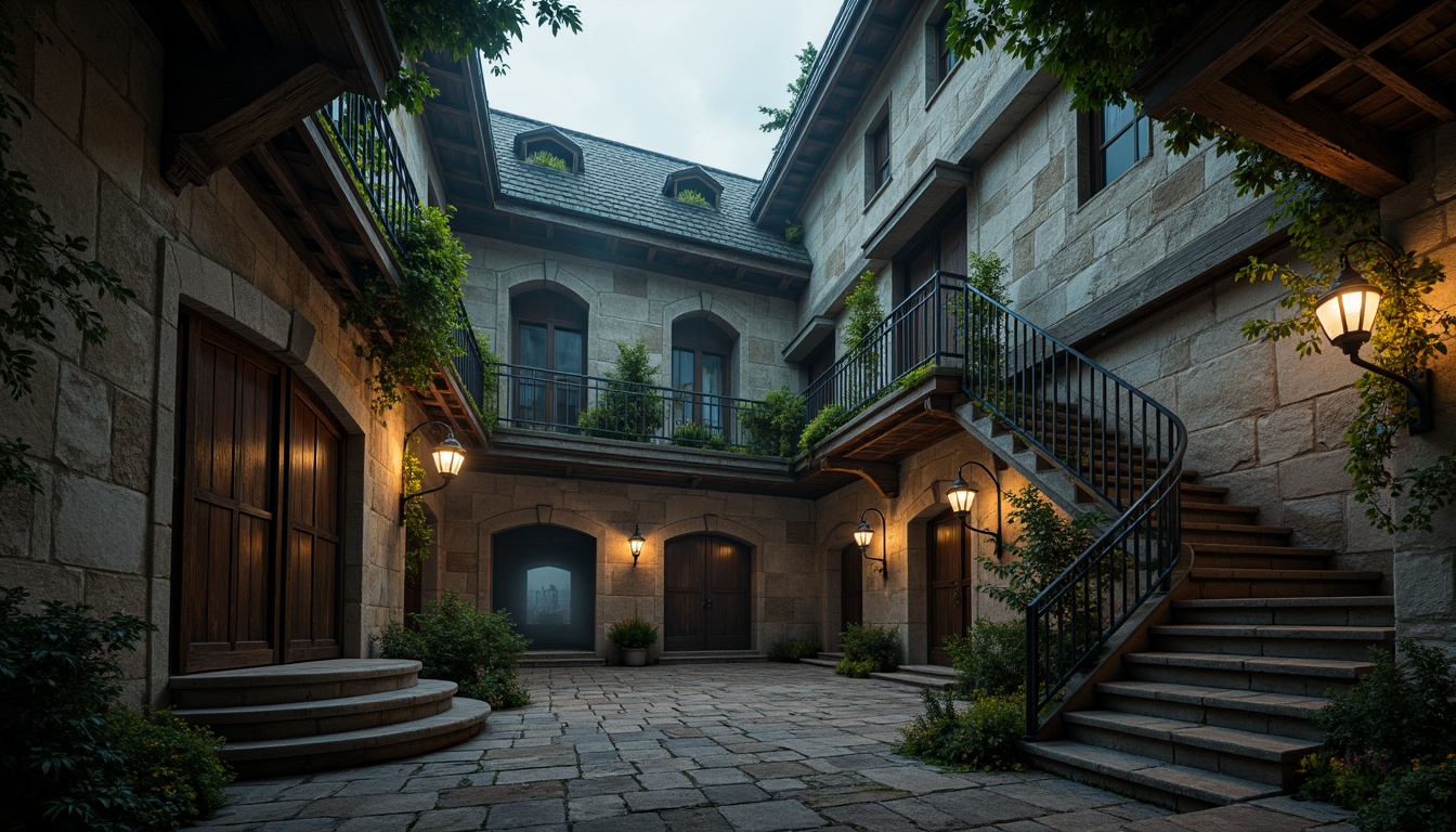 Prompt: Ancient watchtower, rugged stone walls, worn wooden doors, narrow windows, crumbling battlements, weathered roof tiles, moss-covered stones, mysterious lanterns, winding staircases, ornate ironwork, Gothic arches, grand entrance halls, dramatic lighting, misty atmosphere, low-angle shot, cinematic composition, detailed textures, ambient occlusion.