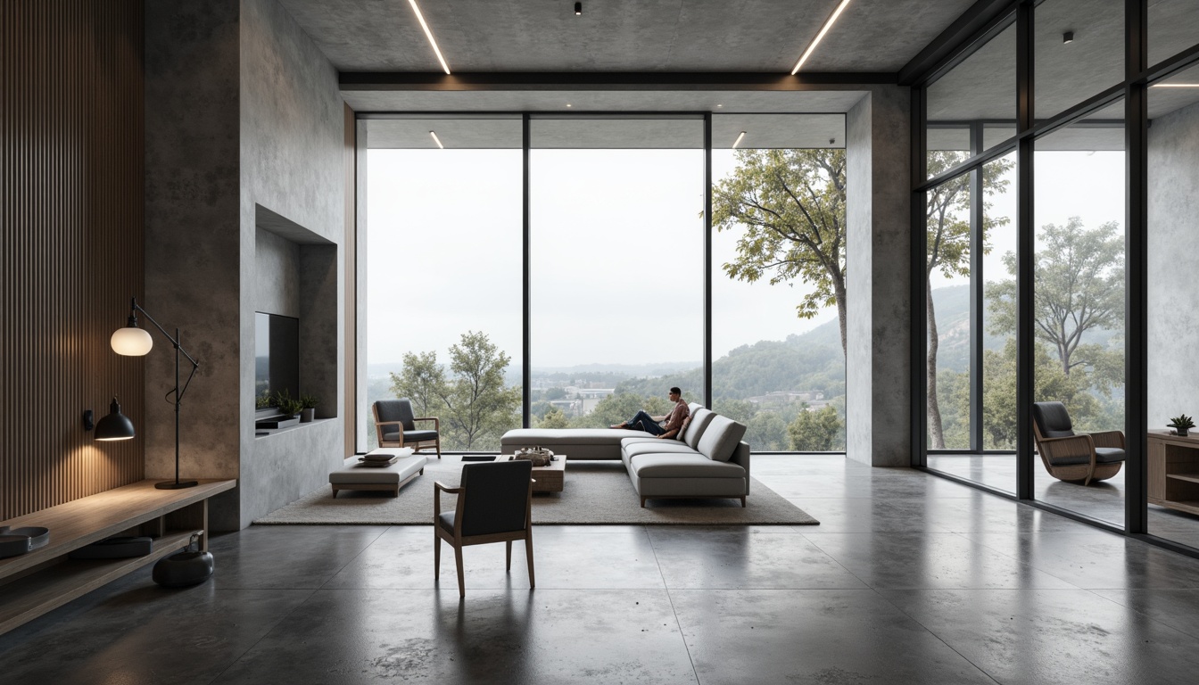 Prompt: Minimalist interior, open-plan living space, sleek lines, monochromatic color scheme, polished concrete floors, floor-to-ceiling windows, sliding glass doors, modular furniture, geometric shapes, hidden storage compartments, ambient lighting, soft shadows, 1/1 composition, shallow depth of field, realistic textures, subtle reflections.