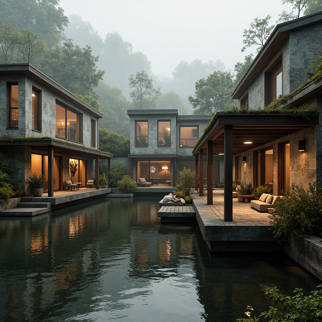 Prompt: Rustic boathouse, brutalist architecture, weathered wood accents, industrial metal beams, rough-hewn stone walls, earthy color palette, moss-green roofs, murky water reflections, foggy morning atmosphere, warm golden lighting, shallow depth of field, 1/2 composition, realistic textures, ambient occlusion.