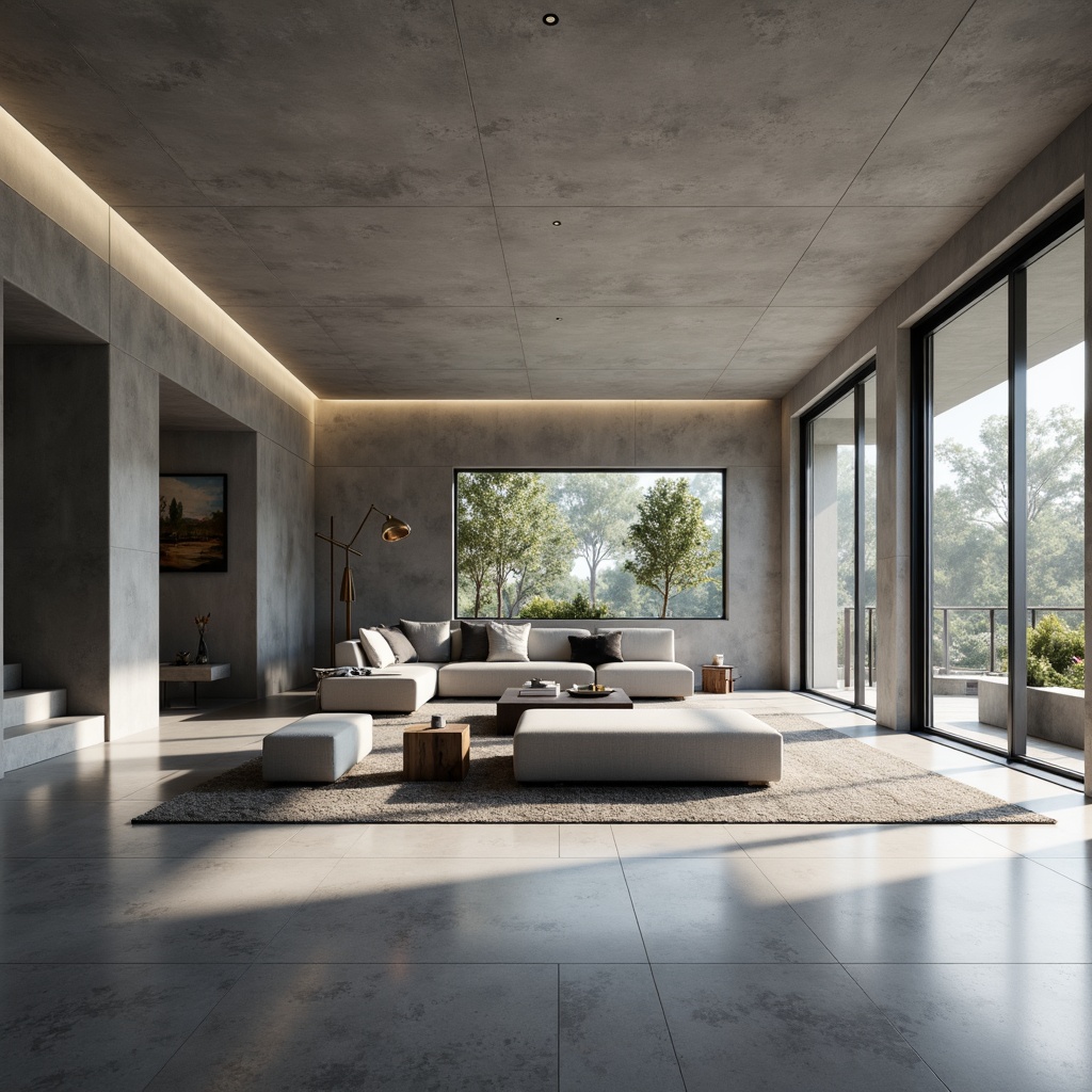 Prompt: Minimalist interior, open-plan living space, sleek lines, monochromatic color scheme, polished concrete floors, floor-to-ceiling windows, sliding glass doors, modular furniture, geometric shapes, hidden storage compartments, ambient lighting, soft shadows, 1/1 composition, shallow depth of field, realistic textures, subtle reflections.