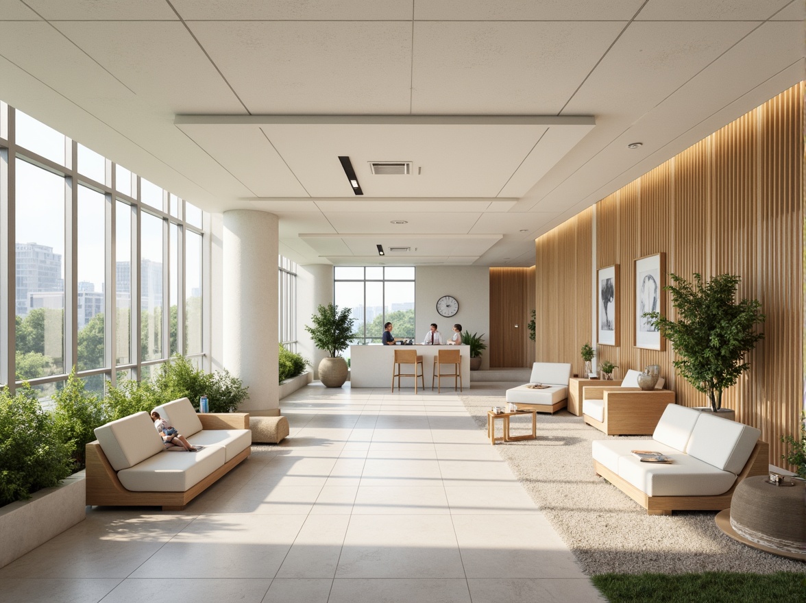 Prompt: Calming healthcare facility, soothing color scheme, gentle pastel hues, soft whites, creamy beiges, pale blues, muted greens, warm earth tones, natural wood accents, comfortable seating areas, peaceful ambiance, abundant natural light, subtle texture variations, organic patterns, serene atmosphere, shallow depth of field, 1/1 composition, realistic renderings, ambient occlusion.