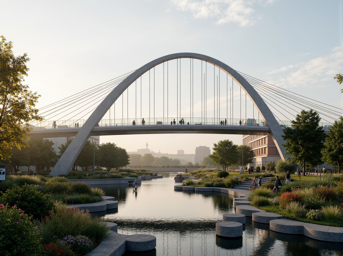 Prompt: Curved bridge silhouette, sweeping arches, dynamic steel cables, suspended pedestrian walkways, cantilevered observation decks, futuristic LED lighting, iridescent glass railings, undulating water features, lush greenery, vibrant flowers, natural stone piers, modern urban landscape, misty morning atmosphere, soft warm lighting, shallow depth of field, 3/4 composition, panoramic view, realistic textures, ambient occlusion.