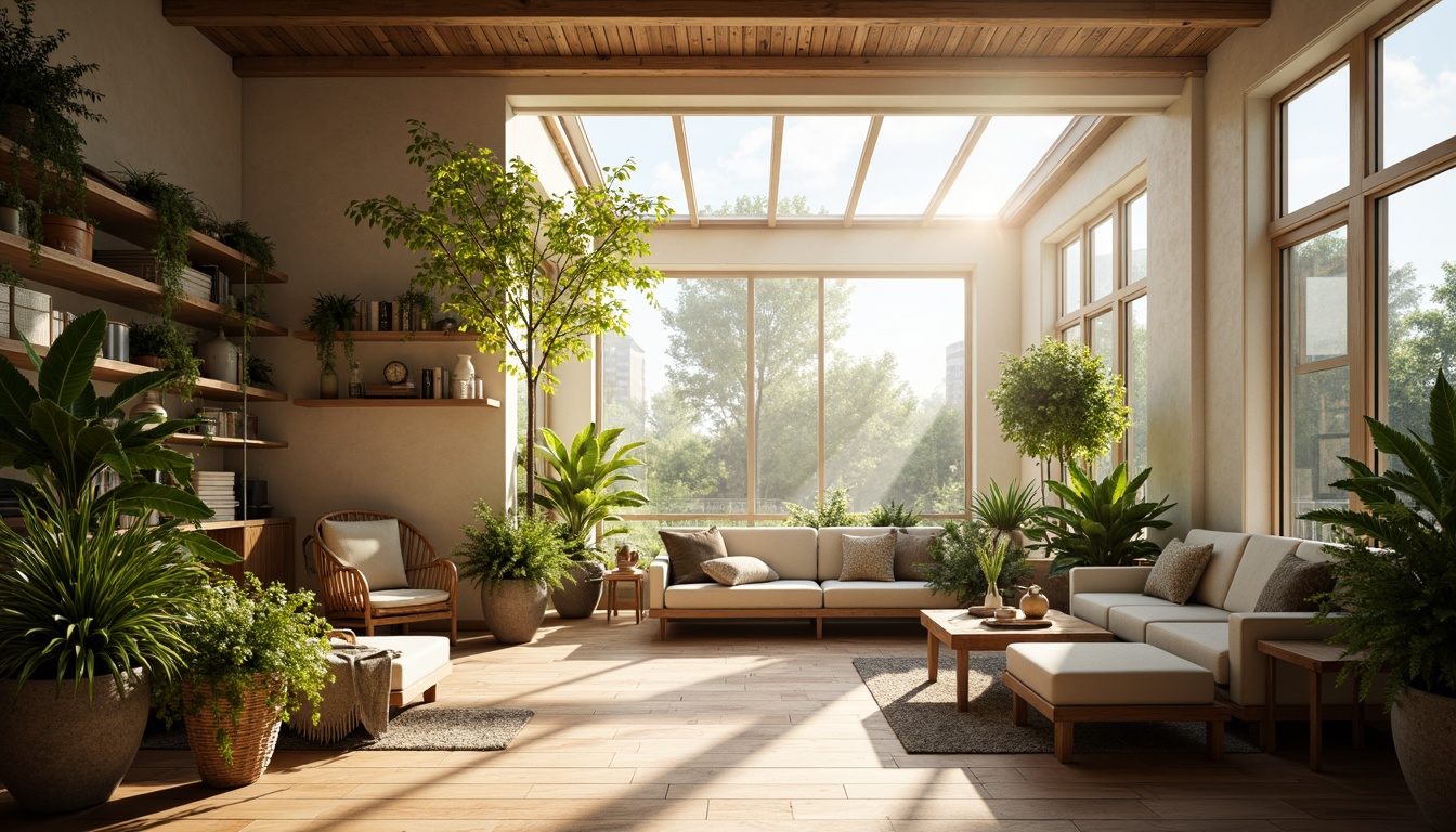 Prompt: Brightly lit interior, large windows, glass ceilings, natural light pouring in, warm sunbeams, soft shadows, cozy atmosphere, comfortable seating areas, lush greenery, potted plants, wooden floors, minimalist decor, calm ambiance, relaxing mood, gentle color palette, soft focus, shallow depth of field, 1/1 composition, realistic textures, ambient occlusion.