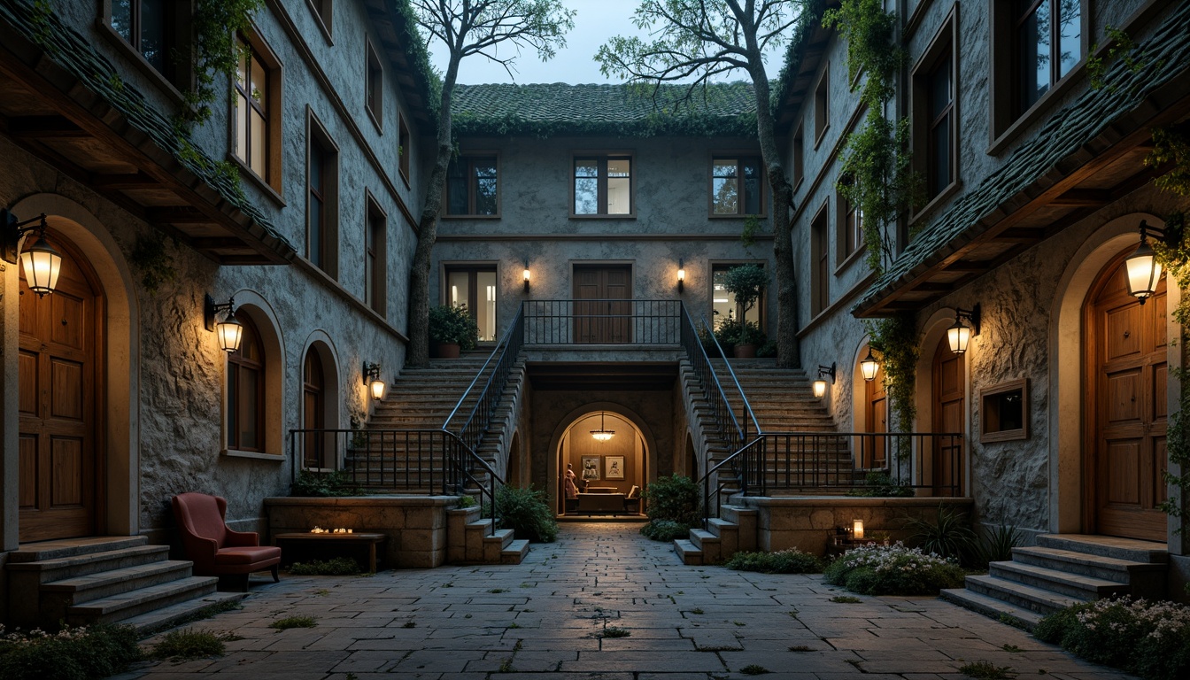 Prompt: Ancient watchtower, rugged stone walls, worn wooden doors, narrow windows, crumbling battlements, weathered roof tiles, moss-covered stones, mysterious lanterns, winding staircases, ornate ironwork, Gothic arches, grand entrance halls, dramatic lighting, misty atmosphere, low-angle shot, cinematic composition, detailed textures, ambient occlusion.