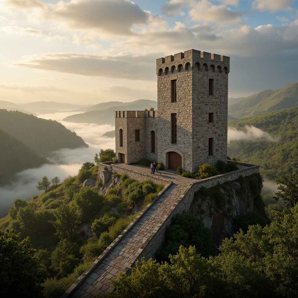 Prompt: Majestic watchtower, medieval stone walls, grandiose architecture, fortified battlements, narrow windows, rustic wooden doors, scenic hilltop location, rolling green hills, misty morning atmosphere, warm golden lighting, dramatic cloud formations, 1/1 composition, symmetrical framing, realistic stone textures, ambient occlusion.