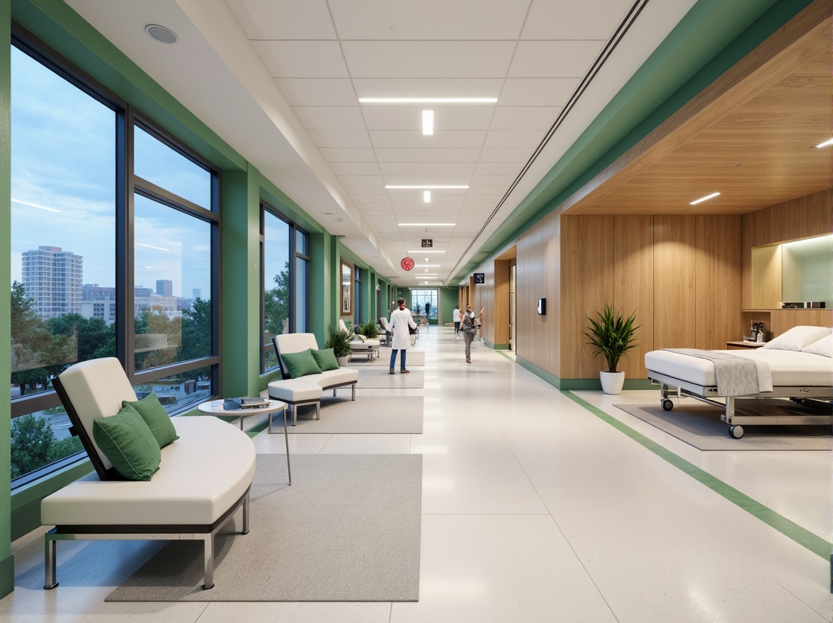 Prompt: Sleek hospital corridors, polished chrome handrails, minimalist nurse stations, curved waiting area benches, natural wood accents, calming green walls, large windows with city views, modern LED lighting, spacious patient rooms, adjustable hospital beds, ergonomic medical equipment, sterile white surfaces, rounded corner designs, acoustic ceiling panels, soft warm flooring, 1/1 composition, shallow depth of field, realistic textures, ambient occlusion.