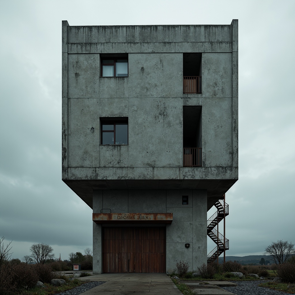 Prompt: Rugged watching tower, brutalist architecture, raw concrete textures, fortress-like structure, narrow windows, industrial metal doors, rusty steel beams, dramatic cantilevered floors, imposing verticality, harsh geometric forms, monolithic presence, overcast sky, moody atmospheric lighting, high contrast shadows, cinematic composition, symmetrical framing, gritty realistic rendering.