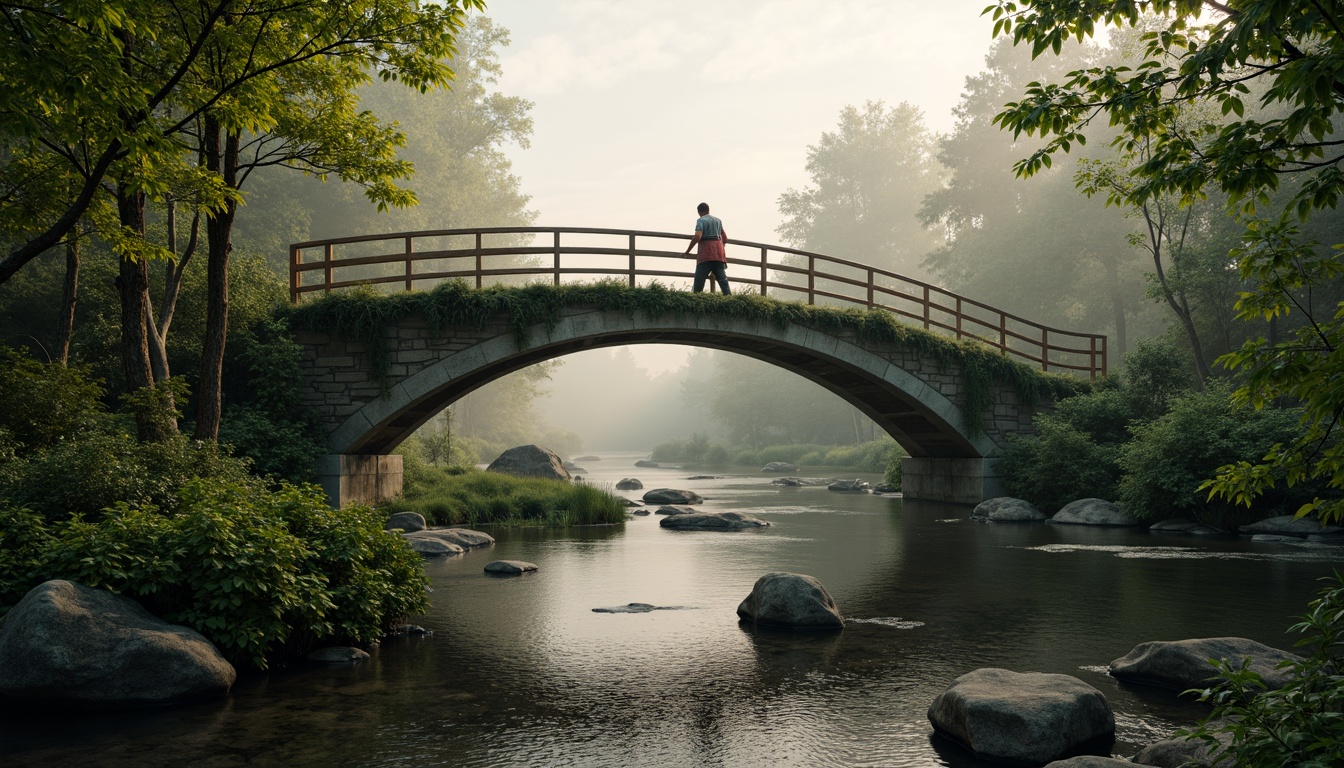 Prompt: Curved bridge silhouette, harmonious riverbank integration, lush green vegetation, natural stone foundations, wooden railings, gentle water flow, serene forest surroundings, misty morning atmosphere, soft warm lighting, shallow depth of field, 3/4 composition, panoramic view, realistic textures, ambient occlusion.