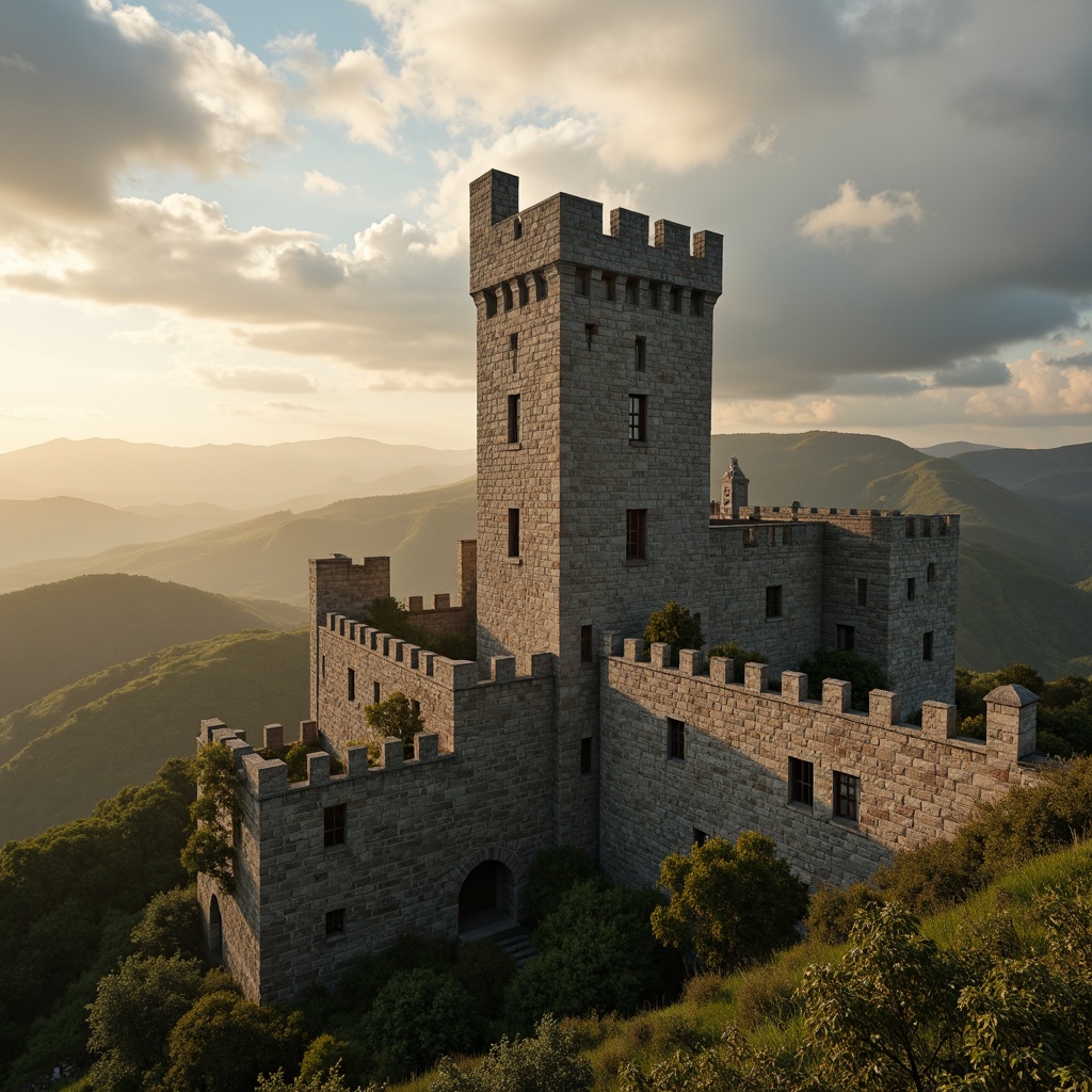 Prompt: Majestic watchtower, medieval stone walls, grandiose architecture, fortified battlements, narrow windows, rustic wooden doors, scenic hilltop location, rolling green hills, misty morning atmosphere, warm golden lighting, dramatic cloud formations, 1/1 composition, symmetrical framing, realistic stone textures, ambient occlusion.