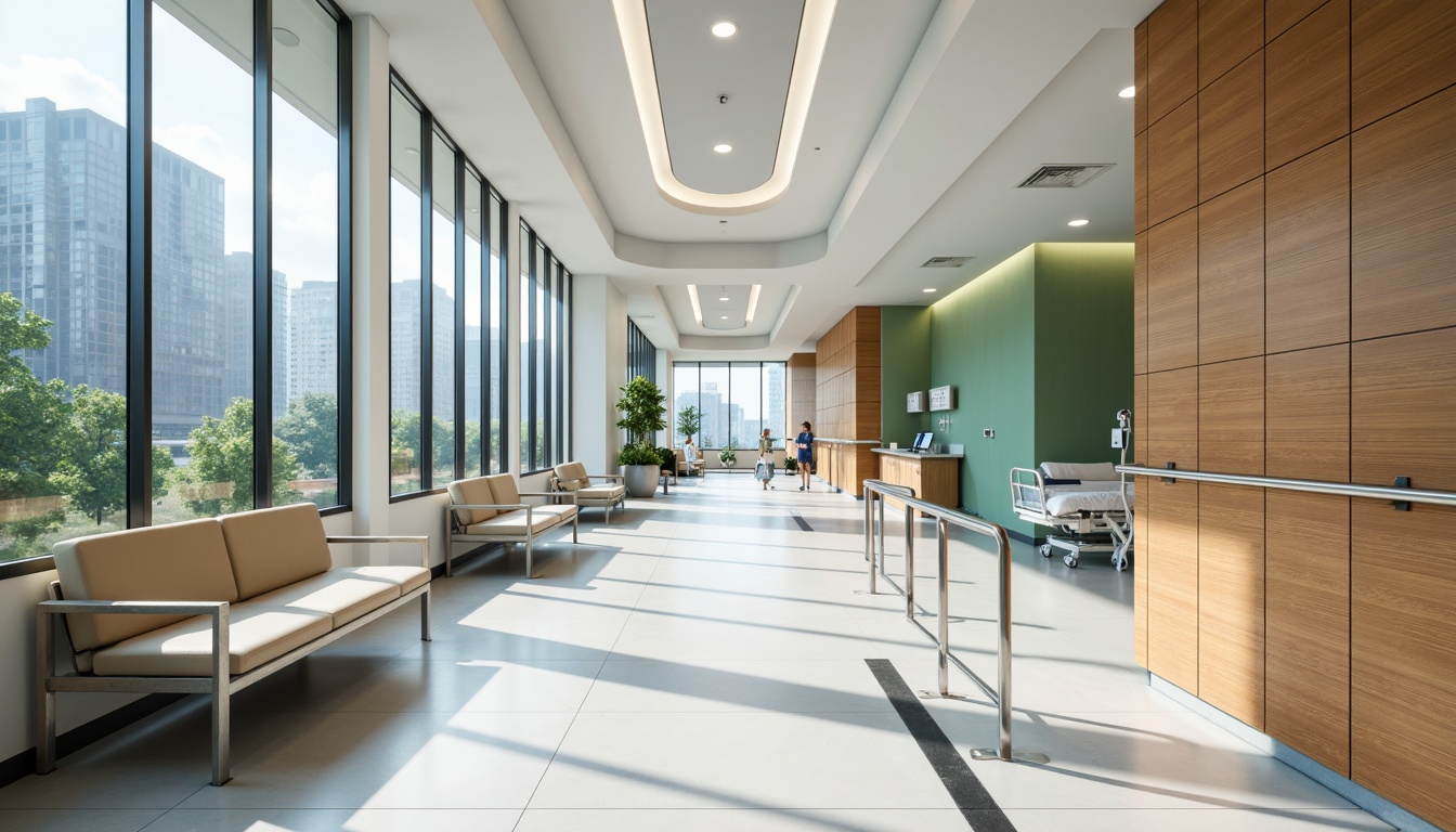 Prompt: Sleek hospital corridors, polished chrome handrails, minimalist nurse stations, curved waiting area benches, natural wood accents, calming green walls, large windows with city views, modern LED lighting, spacious patient rooms, adjustable hospital beds, ergonomic medical equipment, sterile white surfaces, rounded corner designs, acoustic ceiling panels, soft warm flooring, 1/1 composition, shallow depth of field, realistic textures, ambient occlusion.