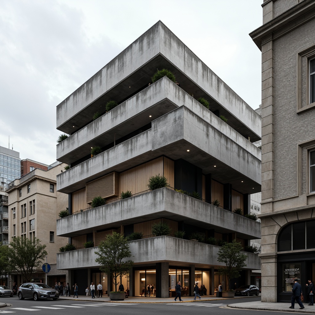 Prompt: Rugged brutalist building, raw concrete textures, exposed ductwork, industrial materials, steel beams, wooden accents, natural stone walls, fortress-like structure, dramatic cantilevered roofs, bold geometric forms, minimalist ornamentation, functional simplicity, urban cityscape, overcast sky, high-contrast lighting, deep shadows, 1/1 composition, symmetrical framing, gritty realistic textures, ambient occlusion.