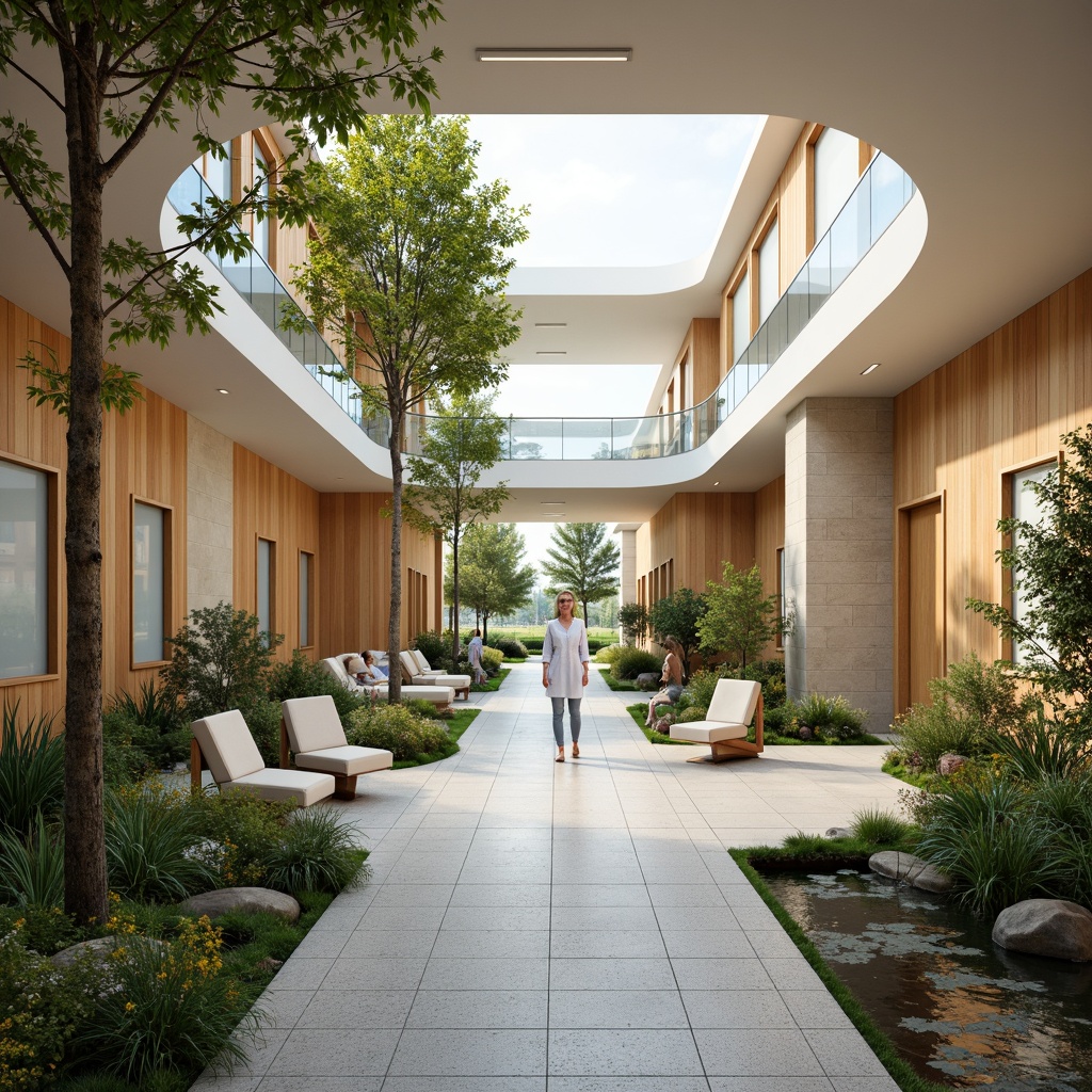 Prompt: Calming healthcare facility, soothing color palette, natural wood accents, comfortable seating areas, gentle curves, abundant greenery, peaceful water features, warm lighting, acoustic comfort, minimal noise levels, ergonomic furniture, accessible pathways, calming artwork, serene ambiance, shallow depth of field, 1/1 composition, realistic textures, ambient occlusion.