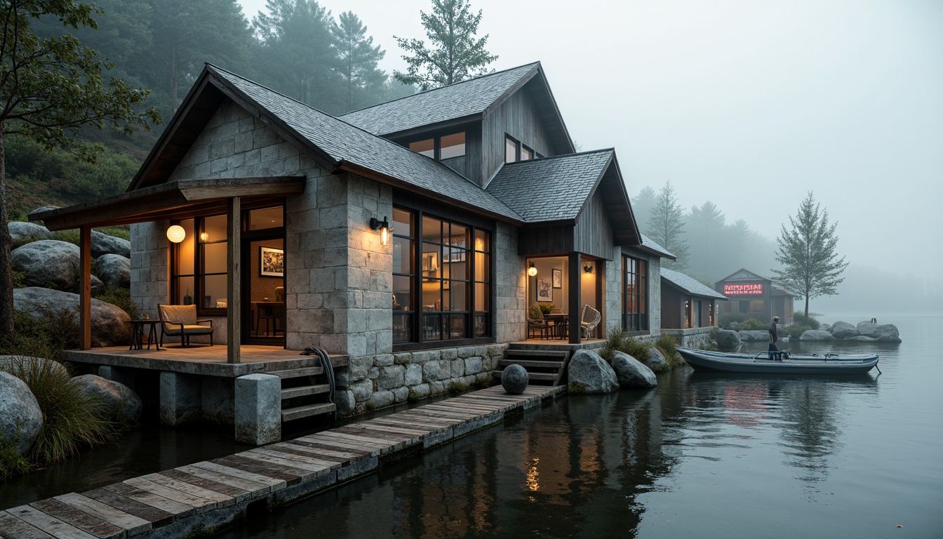 Prompt: Rustic boathouse, brutalist architecture, rough-hewn stone walls, weathered wooden docks, corrugated metal roofs, industrial-style windows, distressed concrete floors, reclaimed wood accents, nautical ropes, marine-grade steel railings, rugged natural surroundings, misty lake atmosphere, soft warm lighting, shallow depth of field, 2/3 composition, cinematic view, realistic textures, ambient occlusion.