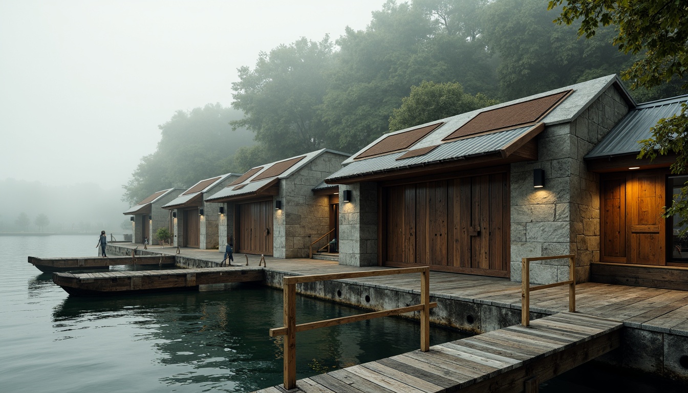 Prompt: Rustic boathouse, brutalist architecture, rough-hewn stone walls, weathered wooden docks, corrugated metal roofs, industrial-style windows, distressed concrete floors, reclaimed wood accents, nautical ropes, marine-grade steel railings, rugged natural surroundings, misty lake atmosphere, soft warm lighting, shallow depth of field, 2/3 composition, cinematic view, realistic textures, ambient occlusion.