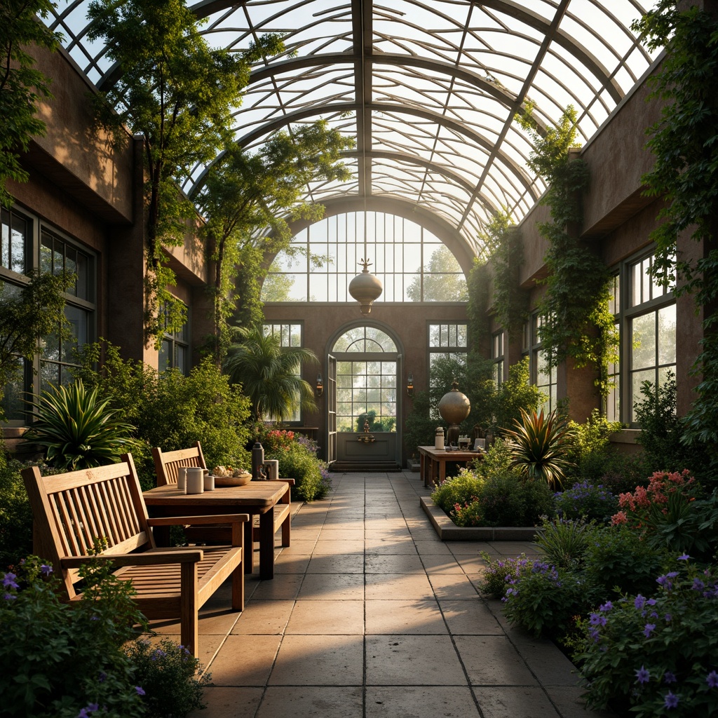 Prompt: Lush greenhouse interior, romantic ambiance, soft natural light, misty atmosphere, exotic plants, vibrant flowers, delicate vines, rustic wooden benches, ornate metal trellises, curved glass roofs, intricate stone pathways, serene water features, gentle fountain sounds, warm earthy tones, lush greenery, whimsical garden ornaments, distressed wood accents, vintage gardening tools, soft focus, shallow depth of field, 1/1 composition, warm golden lighting.