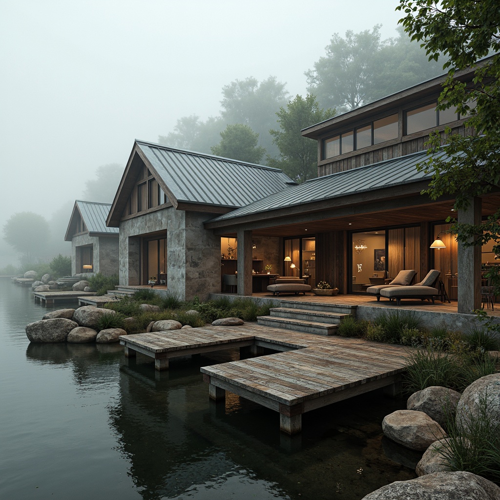 Prompt: Rustic boathouse, brutalist architecture, rough-hewn stone walls, weathered wooden docks, corrugated metal roofs, industrial-style windows, distressed concrete floors, reclaimed wood accents, nautical ropes, marine-grade steel railings, rugged natural surroundings, misty lake atmosphere, soft warm lighting, shallow depth of field, 2/3 composition, cinematic view, realistic textures, ambient occlusion.