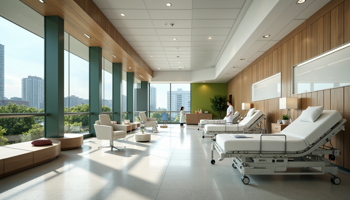 Prompt: Sleek hospital corridors, polished chrome handrails, minimalist nurse stations, curved waiting area benches, natural wood accents, calming green walls, large windows with city views, modern LED lighting, spacious patient rooms, adjustable hospital beds, ergonomic medical equipment, sterile white surfaces, rounded corner designs, acoustic ceiling panels, soft warm flooring, 1/1 composition, shallow depth of field, realistic textures, ambient occlusion.