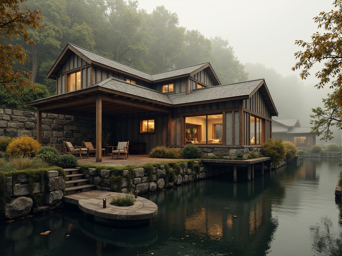 Prompt: Rustic boathouse, brutalist architecture, weathered wood accents, industrial metal beams, rough-hewn stone walls, earthy color palette, moss-green roofs, murky water reflections, foggy morning atmosphere, warm golden lighting, shallow depth of field, 1/2 composition, realistic textures, ambient occlusion.