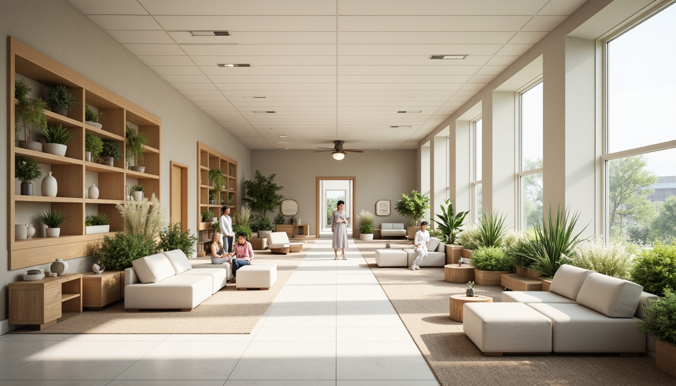 Prompt: Calming healthcare facility, soothing color scheme, gentle pastel hues, soft whites, creamy beiges, pale blues, muted greens, warm earth tones, natural wood accents, comfortable seating areas, peaceful ambiance, abundant natural light, subtle texture variations, organic patterns, serene atmosphere, shallow depth of field, 1/1 composition, realistic renderings, ambient occlusion.