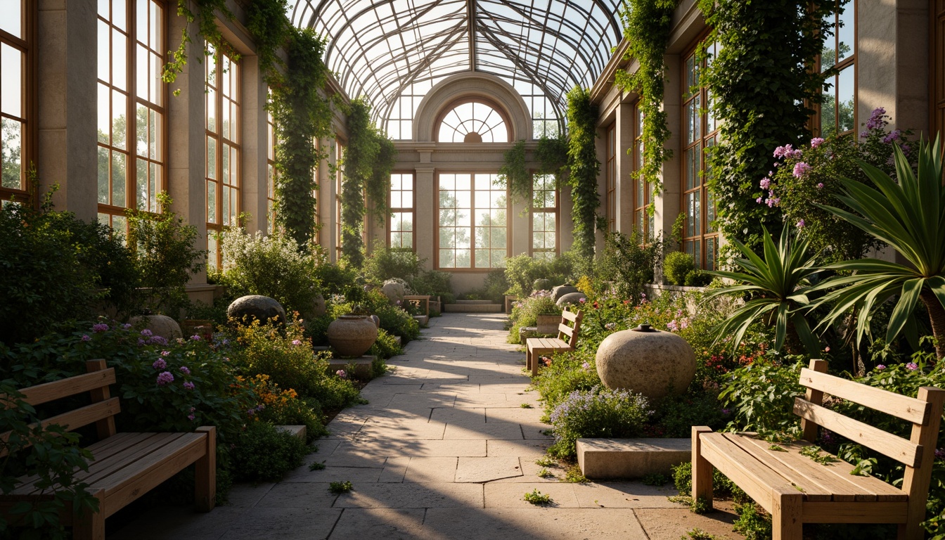 Prompt: Lush greenhouse interior, romantic ambiance, soft natural light, misty atmosphere, exotic plants, vibrant flowers, delicate vines, rustic wooden benches, ornate metal trellises, curved glass roofs, intricate stone pathways, serene water features, gentle fountain sounds, warm earthy tones, lush greenery, whimsical garden ornaments, distressed wood accents, vintage gardening tools, soft focus, shallow depth of field, 1/1 composition, warm golden lighting.