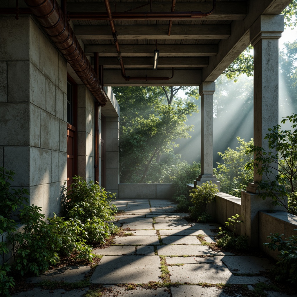 Prompt: Rough concrete walls, brutalist architecture, rugged stone textures, rusty metal accents, industrial-style lighting, exposed ductwork, raw wooden beams, distressed finishes, urban jungle atmosphere, dense foliage, misty morning light, dramatic shadows, high-contrast photography, cinematic composition, 2.35