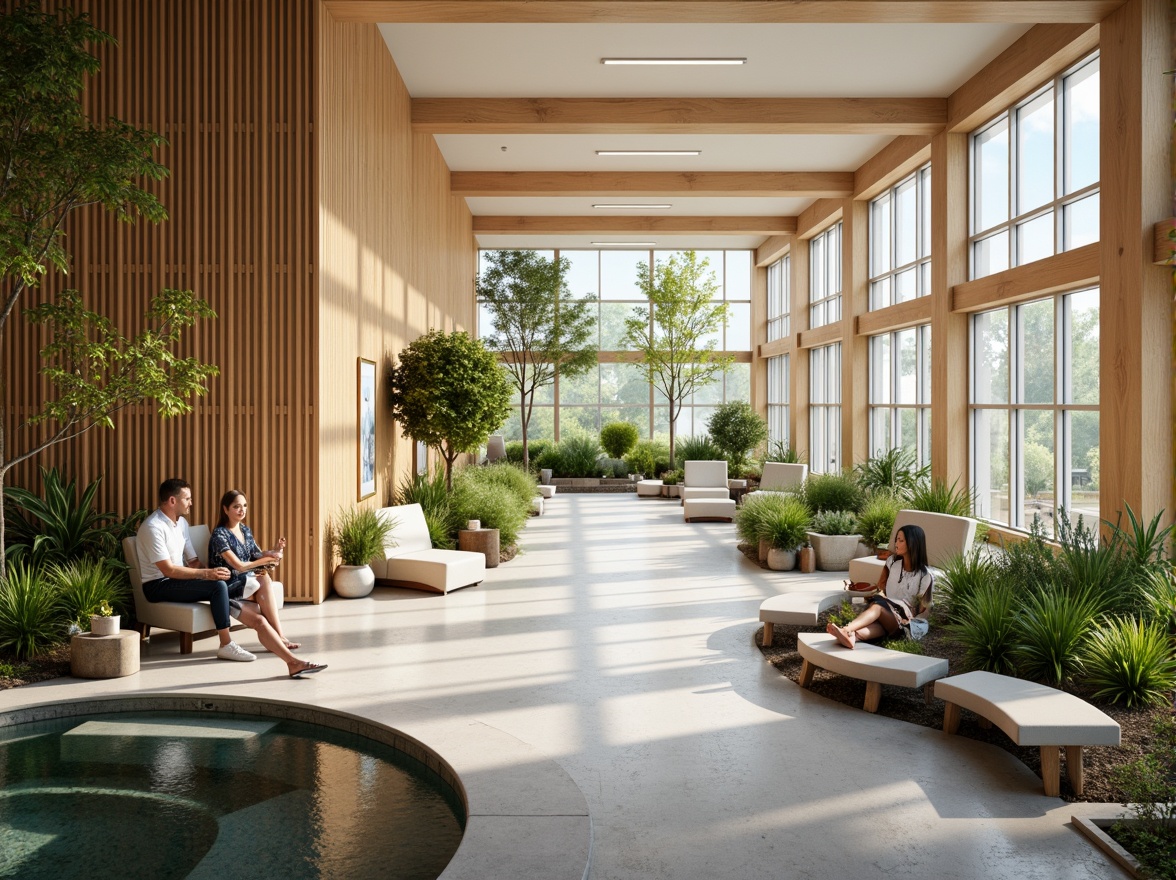 Prompt: Calming healthcare facility, soothing color palette, natural wood accents, comfortable seating areas, gentle curves, abundant greenery, peaceful water features, warm lighting, acoustic comfort, minimal noise levels, ergonomic furniture, accessible pathways, calming artwork, serene ambiance, shallow depth of field, 1/1 composition, realistic textures, ambient occlusion.