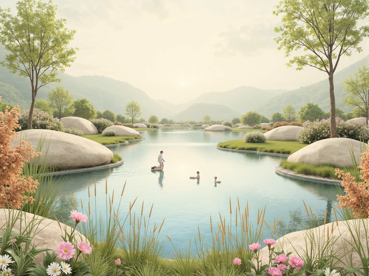 Prompt: Soft pastel hues, calming atmosphere, serene natural surroundings, gentle water features, lush greenery, vibrant flowers, warm beige tones, creamy whites, soft peach accents, subtle golden highlights, delicate lace patterns, intricate botanical illustrations, whimsical hand-drawn elements, dreamy ethereal lighting, shallow depth of field, 1/1 composition, realistic textures, ambient occlusion.