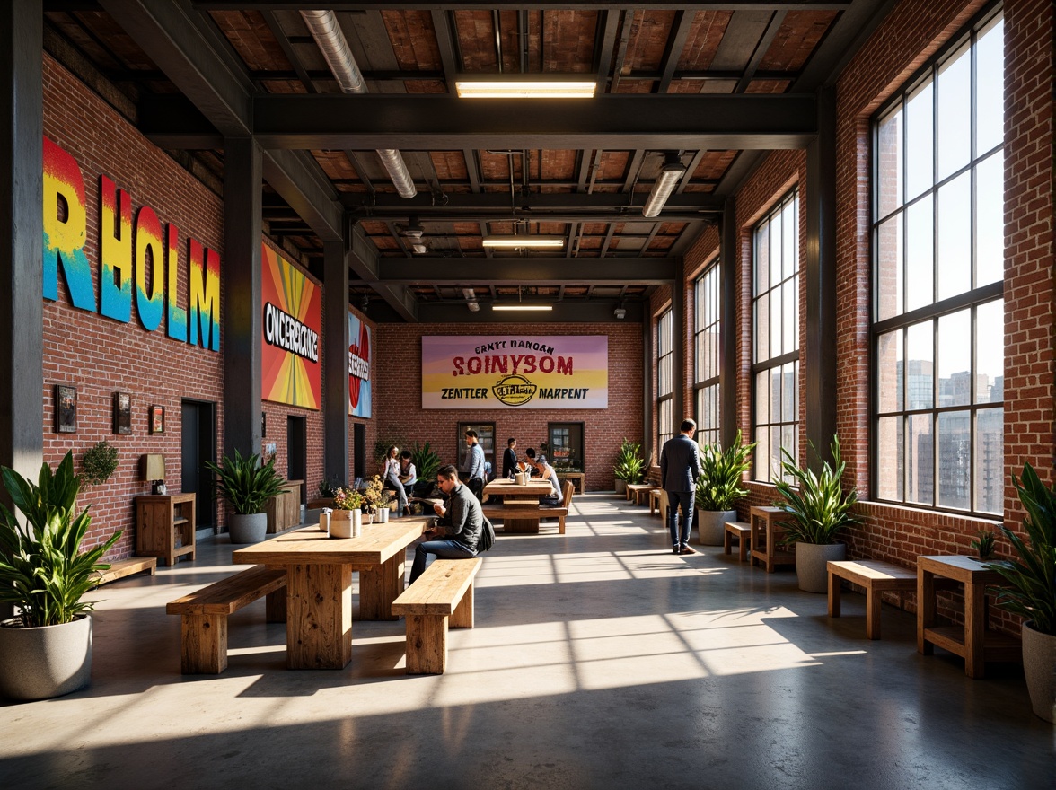 Prompt: Industrial warehouse interior, exposed brick walls, metal beams, polished concrete floors, vibrant color accents, bold typography, eclectic art pieces, reclaimed wood furniture, modern lighting fixtures, urban loft atmosphere, natural light pouring in, soft warm glow, shallow depth of field, 1/1 composition, realistic textures, ambient occlusion.