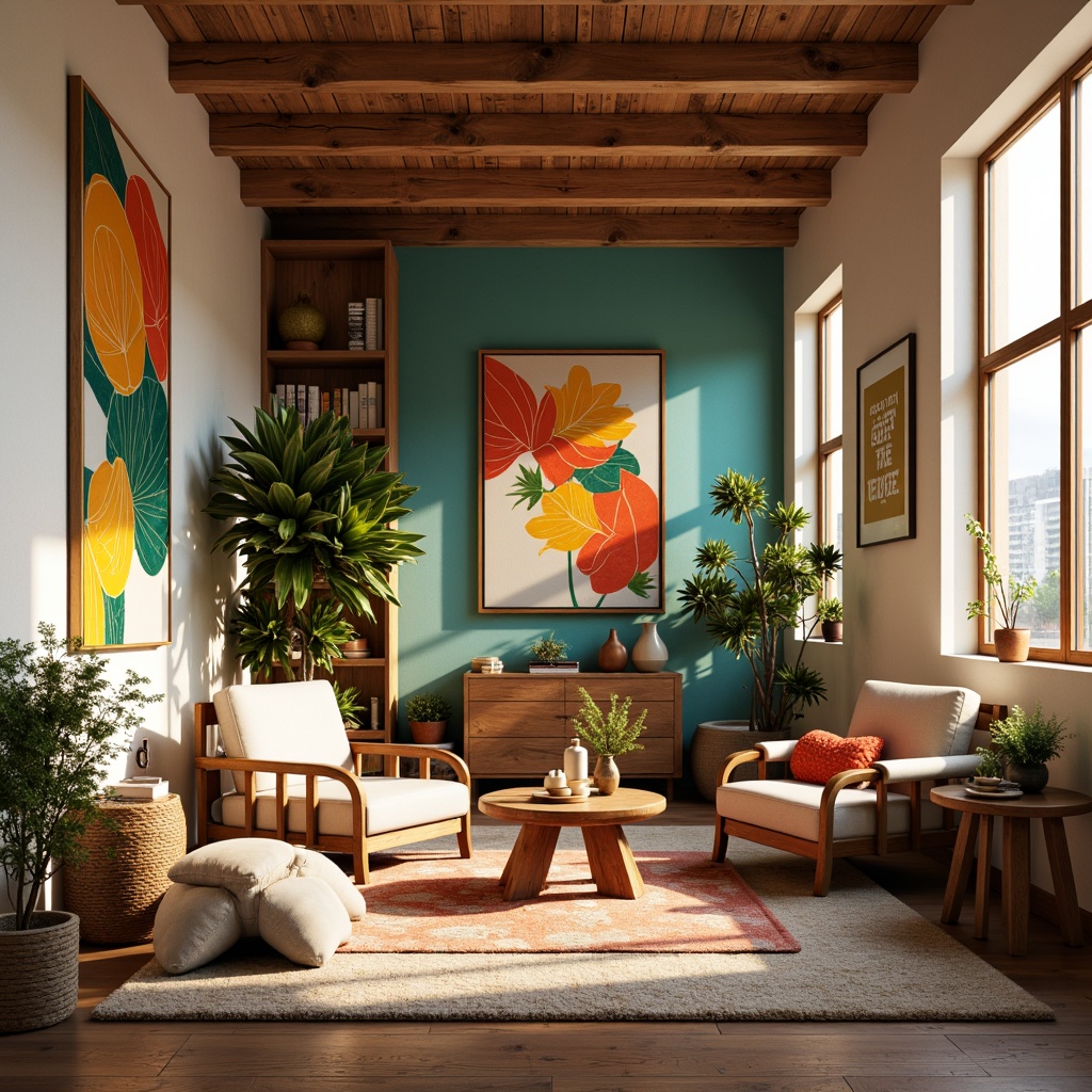 Prompt: Vibrant artistic studio, natural wood accents, eclectic furniture pieces, abstract artwork, bold color blocking, contrasting textures, warm golden lighting, cozy atmosphere, earthy tone walls, rich turquoise accents, creamy white trim, soft peach undertones, subtle gradient effects, 3D geometric patterns, modern minimalist decor, creative freedom, inspirational quotes, artistic expression, relaxed ambiance, calming color harmony.