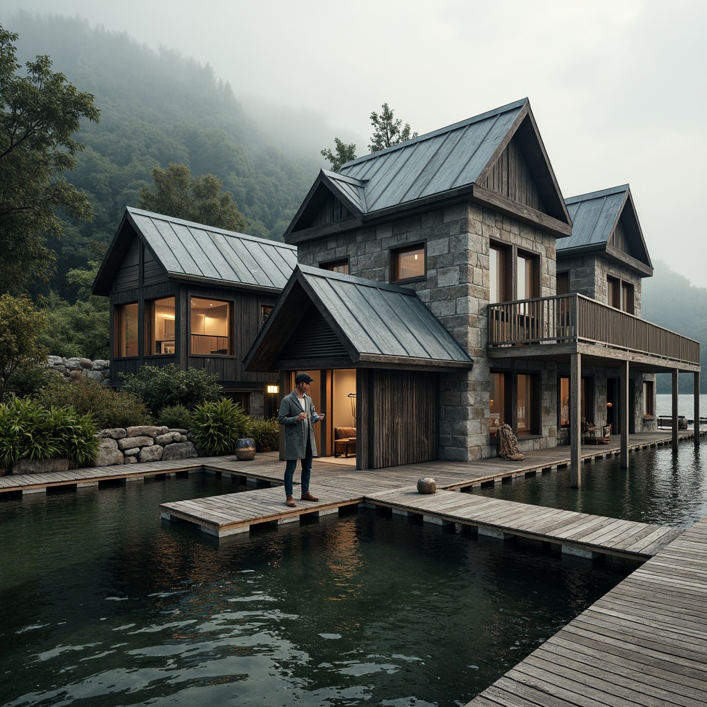 Prompt: Rustic boathouse, brutalist architecture, rough-hewn stone walls, weathered wooden docks, corrugated metal roofs, industrial-style windows, distressed concrete floors, reclaimed wood accents, nautical ropes, marine-grade steel railings, rugged natural surroundings, misty lake atmosphere, soft warm lighting, shallow depth of field, 2/3 composition, cinematic view, realistic textures, ambient occlusion.