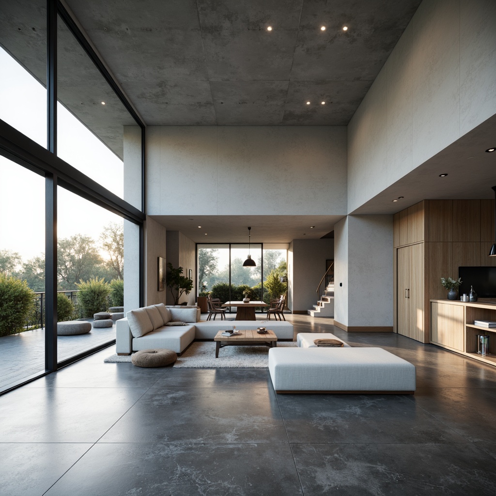 Prompt: Minimalist interior, open-plan living space, sleek lines, monochromatic color scheme, polished concrete floors, floor-to-ceiling windows, sliding glass doors, modular furniture, geometric shapes, hidden storage compartments, ambient lighting, soft shadows, 1/1 composition, shallow depth of field, realistic textures, subtle reflections.