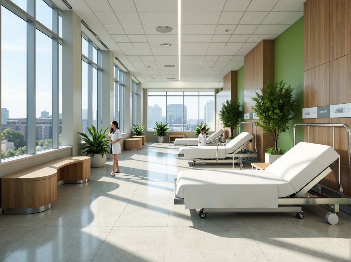 Prompt: Sleek hospital corridors, polished chrome handrails, minimalist nurse stations, curved waiting area benches, natural wood accents, calming green walls, large windows with city views, modern LED lighting, spacious patient rooms, adjustable hospital beds, ergonomic medical equipment, sterile white surfaces, rounded corner designs, acoustic ceiling panels, soft warm flooring, 1/1 composition, shallow depth of field, realistic textures, ambient occlusion.