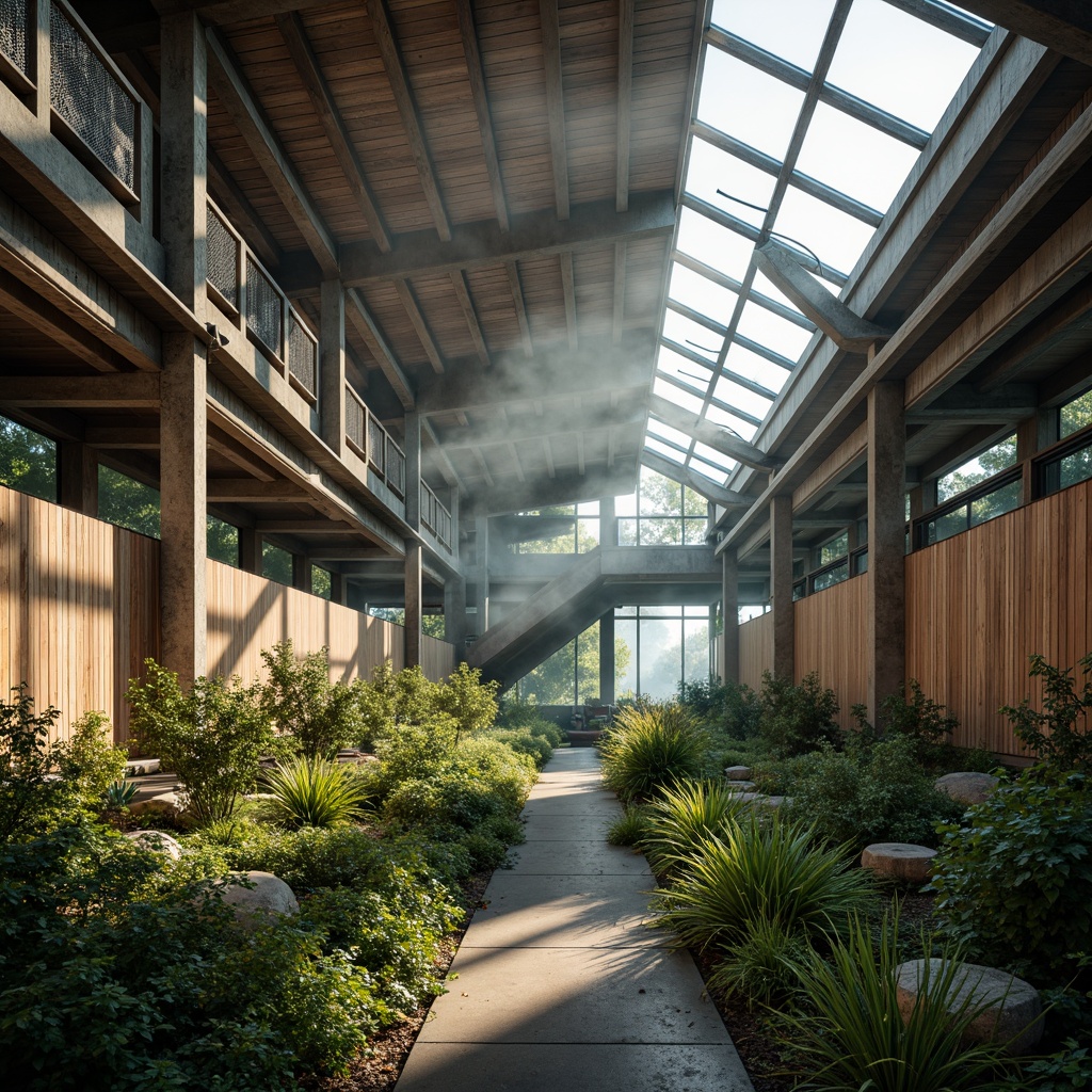 Prompt: Industrial factory, organic architecture, natural lighting, clerestory windows, skylights, exposed ductwork, reclaimed wood accents, metal beams, earthy tones, green walls, living roofs, lush vegetation, misty atmosphere, soft diffused light, warm color palette, shallow depth of field, 1/1 composition, realistic textures, ambient occlusion.