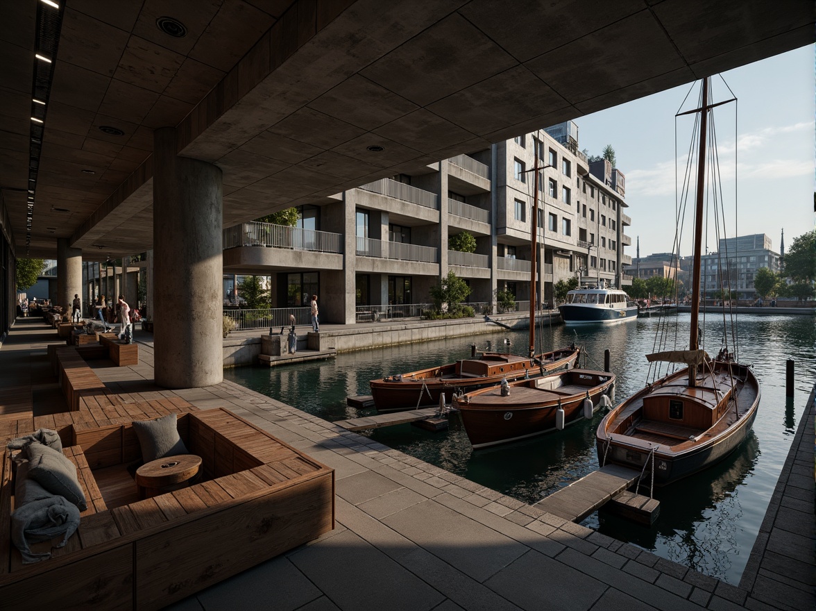 Prompt: Rustic waterfront, industrial heritage, brutalist boathouse, raw concrete walls, weathered wooden docks, nautical ropes, vintage sailing boats, urban regeneration, revitalized harbor, modern amenities, sleek glass facades, minimalist interiors, exposed ductwork, polished metal accents, reclaimed wood furniture, moody atmospheric lighting, dramatic shadows, 1/1 composition, low-angle shot, cinematic mood, gritty textures, ambient occlusion.